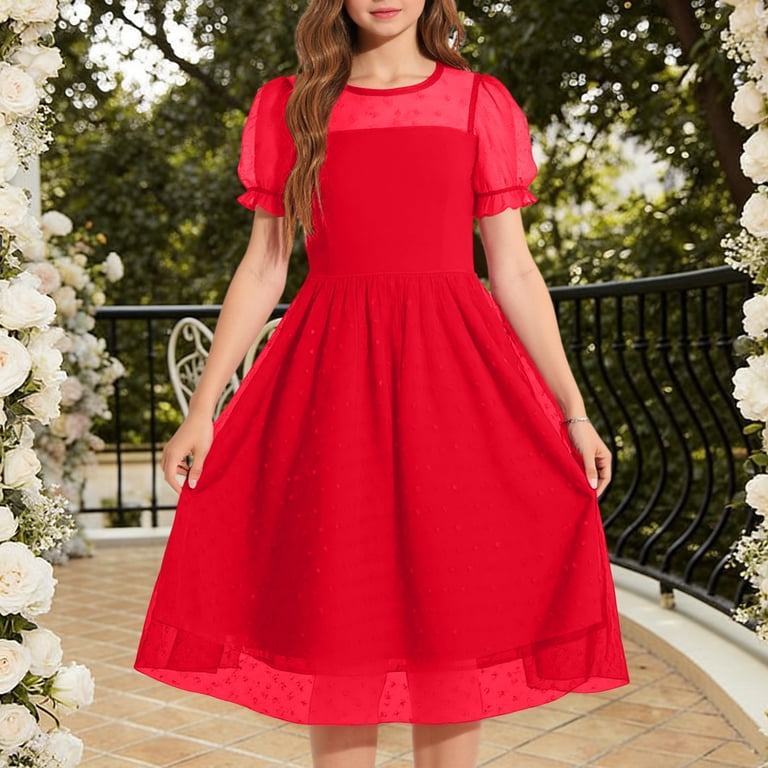 Efsteb Girls Chiffon Dress Fashion Kids Puff Sleeve Casual Midi Dress with Sheer Neckline for Summer (Red,5-6 Years), Girl's Efsteb Girls Chiffon Dress Fashion Kids Puff Sleeve Casual Midi Dress with Sheer Neckline for Summer (Red,5-6 Years), Girl's