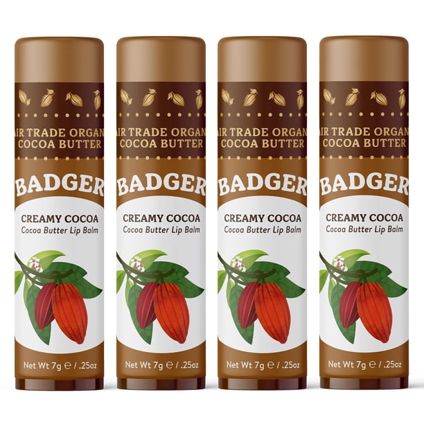 Badger Creamy Cocoa Manteca de Cacao Bálsamo Labial Hidratante de Labios de Larga Duración Comercio Justo Barra de Gran Tamaño Cuidado de Labios Orgánico Paquete de 4