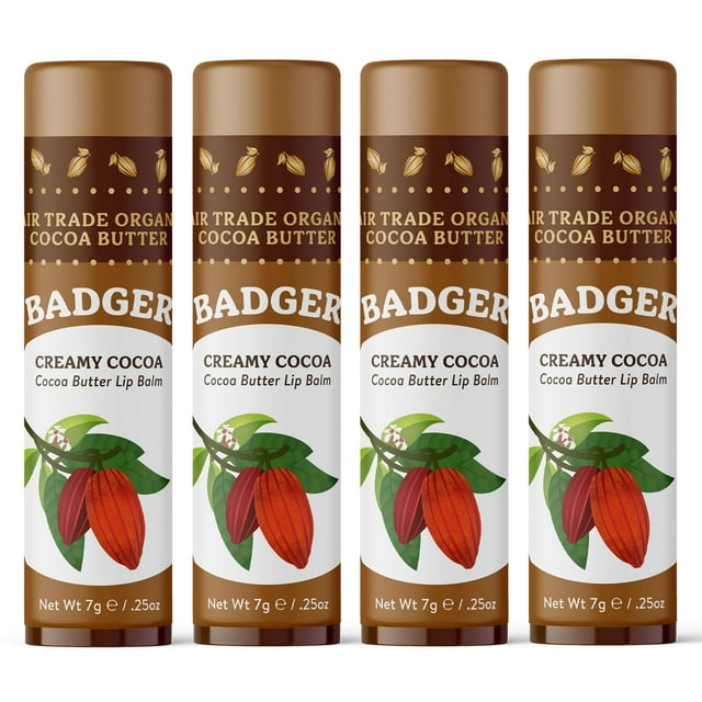 Badger Creamy Cocoa Manteca de Cacao Bálsamo Labial Hidratante de Labios de Larga Duración Comercio Justo Barra de Gran Tamaño Cuidado de Labios Orgánico Paquete de 4