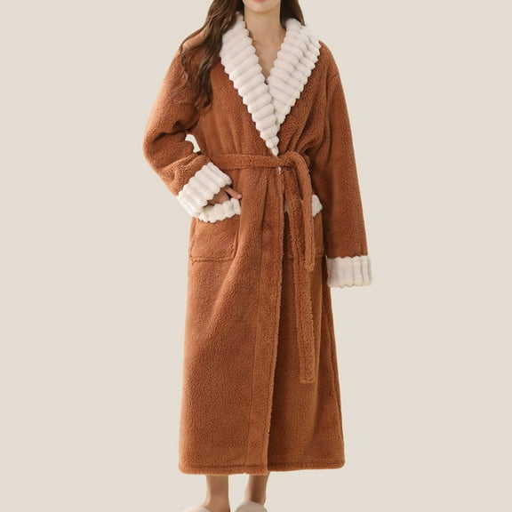 FDGIU Cozy Fleece Bathrobe for Women, Long Robe with Belt, Plush Flannel House Coat for Women Plus Size