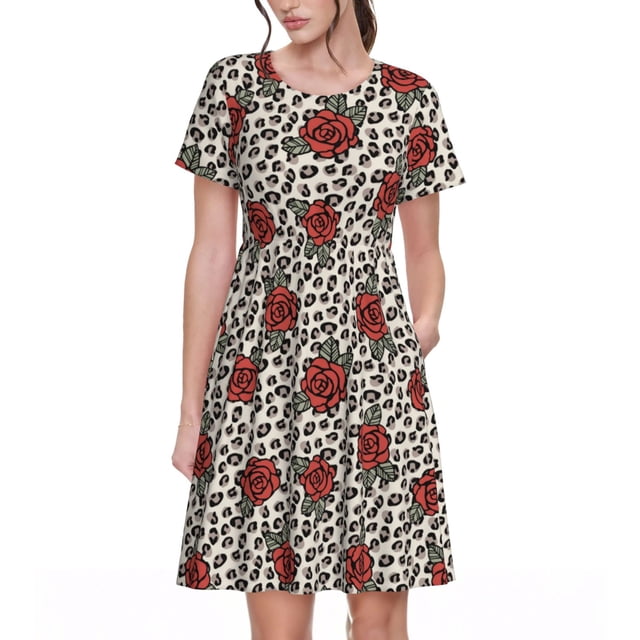 Balery Leopard Print Rose Vestidos sueltos de manga corta para mujer, vestidos de verano 2025, vestidos casuales de corte A con vuelo.