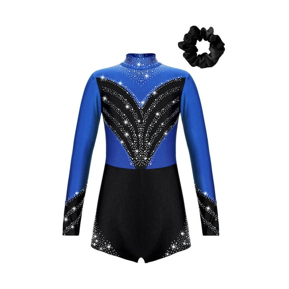 Yeahdor Girls 2 Piece Figure Skating Dance Outfit Jumpsuit Biketard with Hairband Set for Gym Performance Competition Royal Blue&Black 12