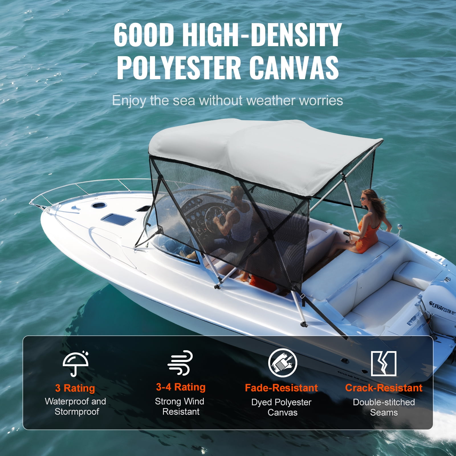 KFFKFF 3 Bow Bimini Top Boat Cover Detachable Mesh Sides 600D with Frame 67"-72"W