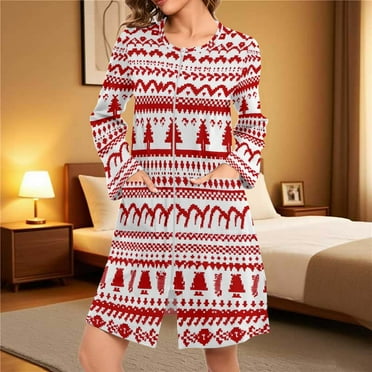 Lorytime Christmas Nightgowns for Women Plus Size Stripes Bathrobes Crewneck Long Sleeve Pajamas Dress Sleepwear Multicolor M
