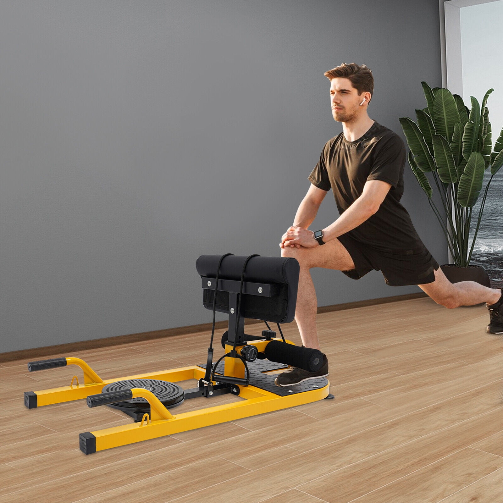 Adjustable Deep Squat Machine - 6-Position Leg Hook & Backrest, 176lb Capacity, for Abs/Thighs/Glutes Workout, Yellow/Black