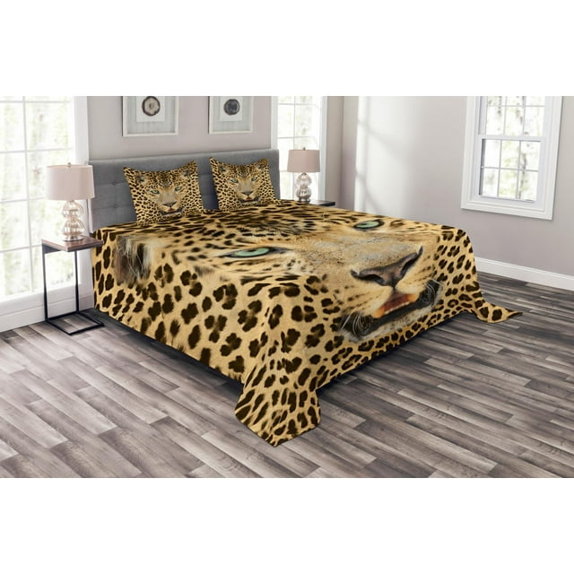 Leopard Bedspread Set Queen Size, African Predator Animal with Spotty