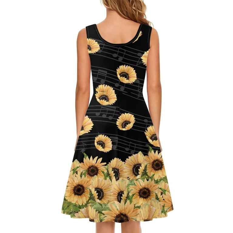 Fkelyi Music Sunflower Sleeveless Dress Size 3XL Leisure Ladies Sleeveless Dresses for Women Stretchy Thanksgiving Fall Twirl Swing Dresses, Women's