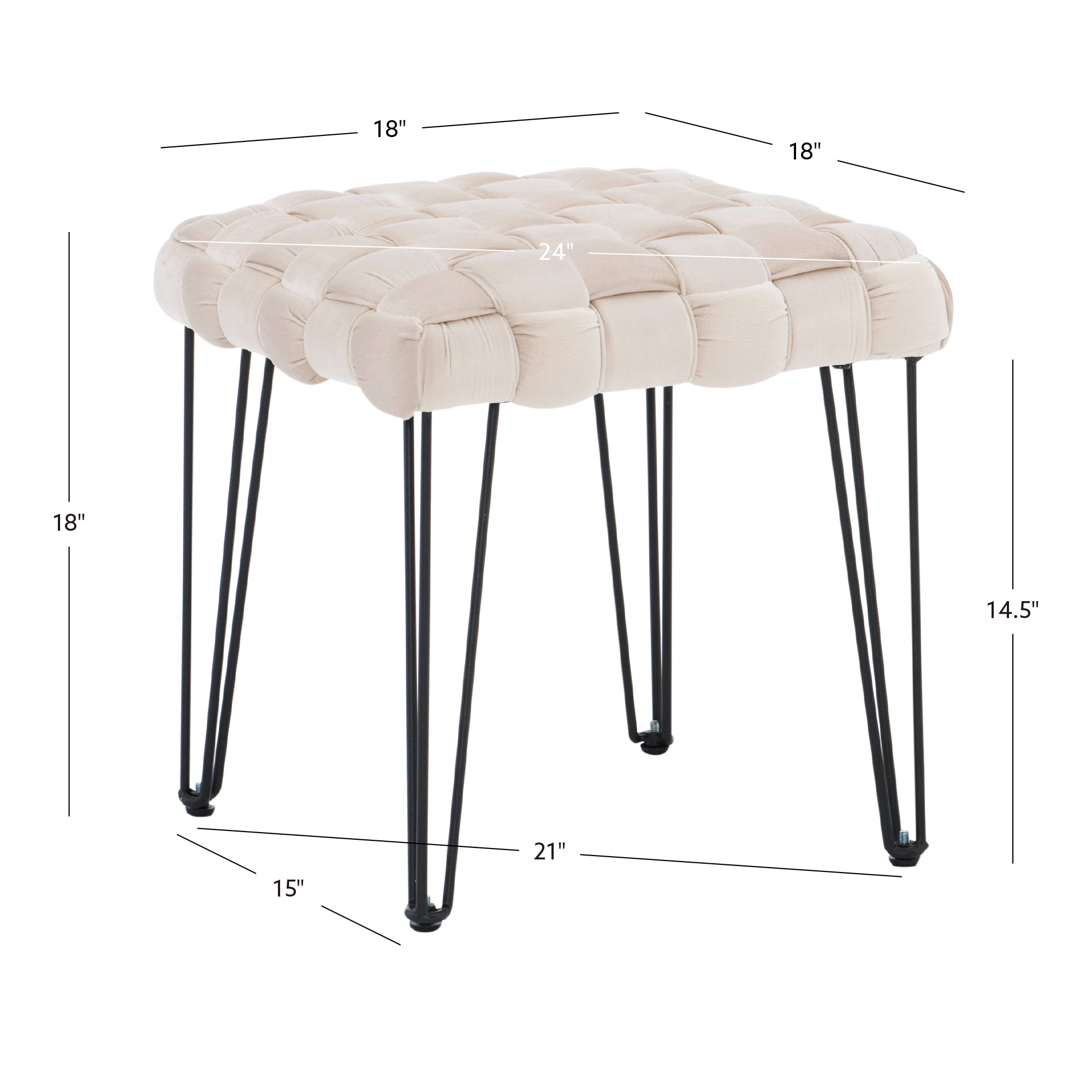 Powell Anya Square Handwoven Velvet Ottoman with Hairpin Legs, Cream