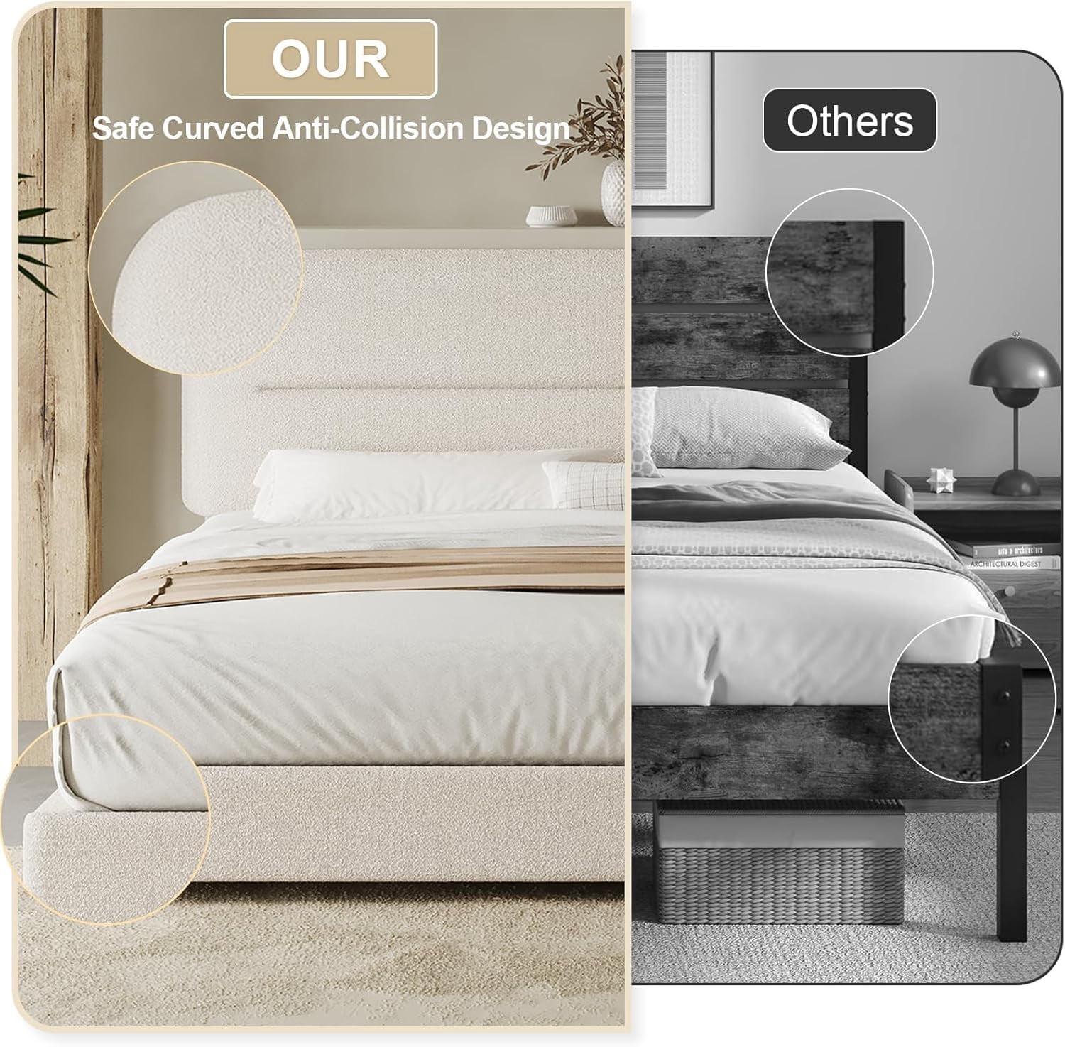 4 EVER WINNER Full Bed Frame with Headboard, Boucle Upholstered Platform Bed Frame wiith Rounded Corner, Soft Cloud Bed Frame, No Box Spring Needed, Cream