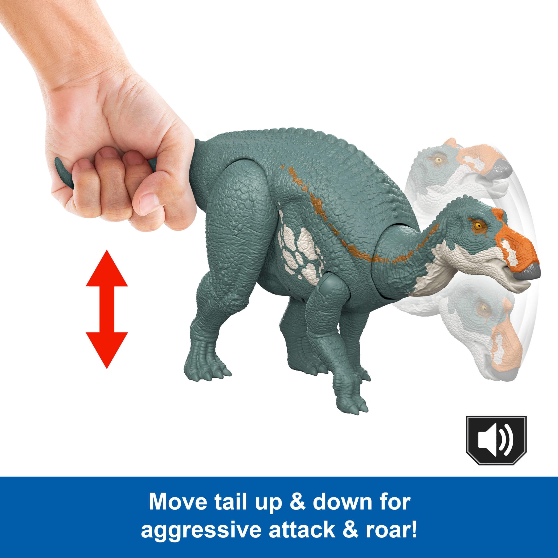 Mattel Jurassic World : Renaissance, Figurine articulée Spiclypeus Rugissement féroce, dinosaure avec coup de tête activé en bougeant la queue, attaque et son, jeu virtuel, JGB89