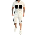 thumbnail image 3 of VBTAPA Men's 2 Piece Outfits Color Block Fashion Casual Tracksuit Short Sleeve Cotton Shirt and Shorts Set Summer Hipster Streetwear Limited Time Sales White L, 3 of 7