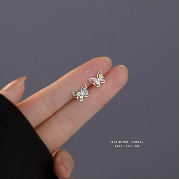 EOEMY Color Zircon Butterfly Stud Earrings For Women 925 Sterling Silver Gifts