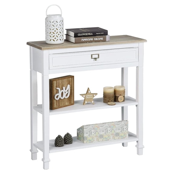 Console Sofa Table with Drawers, 3-Tier Farmhouse Entryway End Table with Open Storage Shelves, Accent Side Table for Hallway Living Room, Wooden Top, Handcrafted Finish (White)