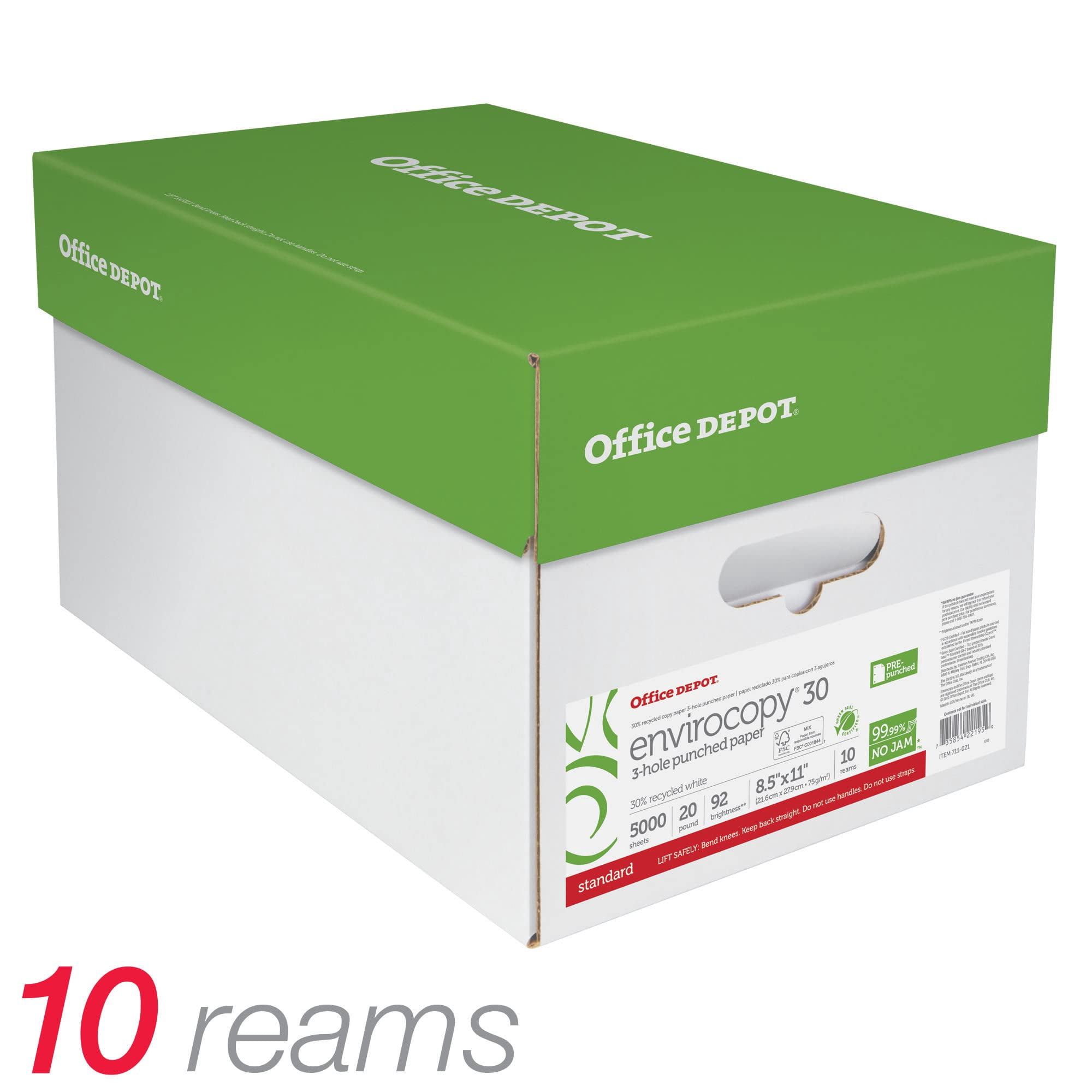 Office Depot® Brand EnviroCopy® FSC Certified Paper, 30 Paper, 3-Hole Punched, Letter Size Paper, 20 Lb, 30% Recycled, FSC Certified, 500 Sheets Per Ream, Case Of 10 Reams