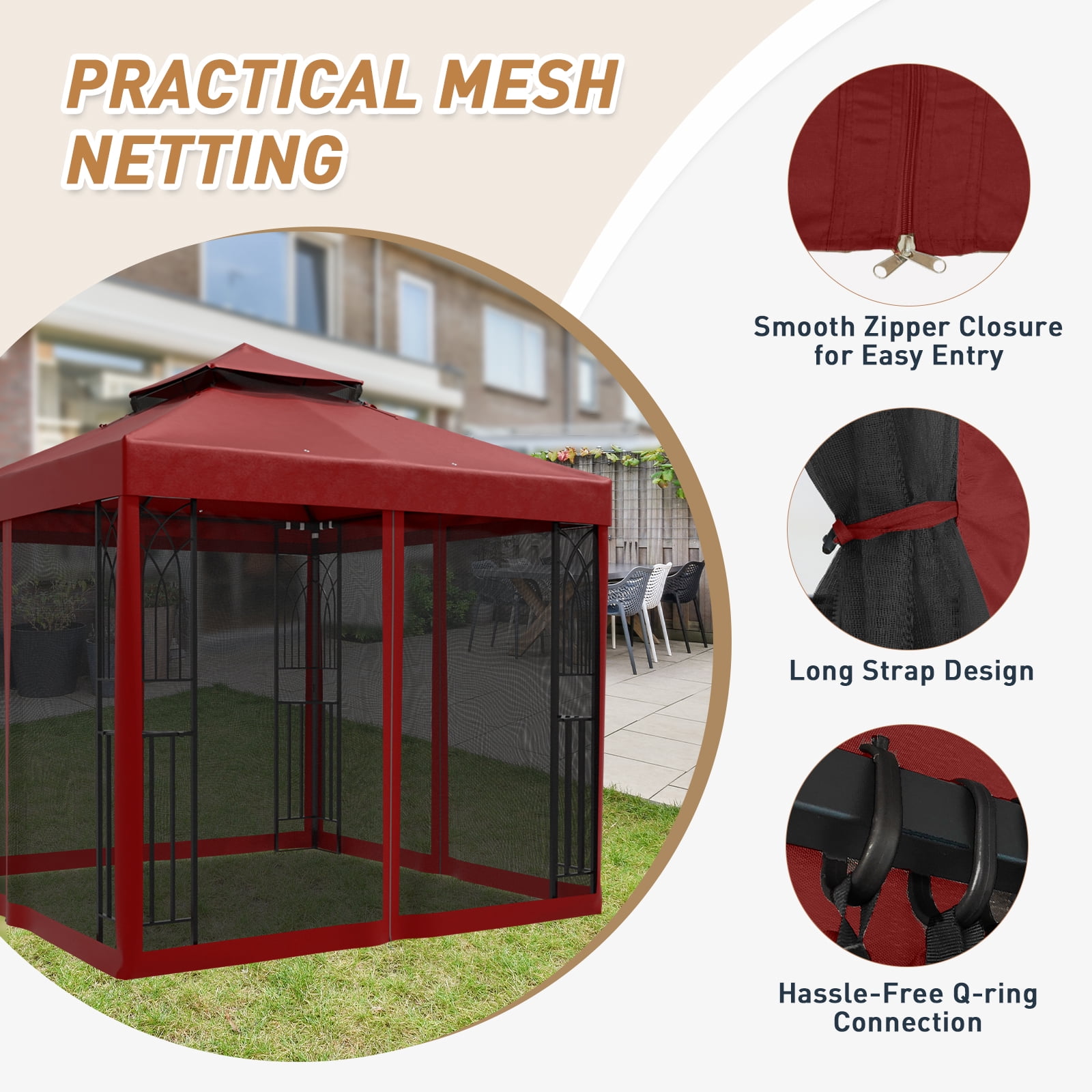 INTER HUT 8x8 Metal Patio Double Soft Roof Gazebo Outdoor Canopy Tent with Netting, Ceiling Hook, Shelves