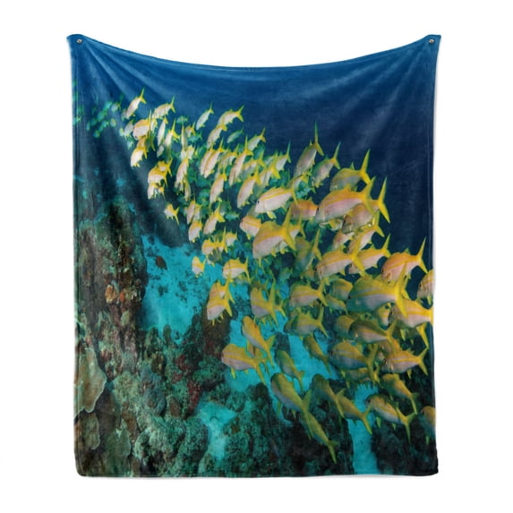 Underwater Soft Flannel Fleece Throw Blanket, Large Group of Fish Swimming Around a Coral Reef in the Ocean, Cozy Plush for Indoor and Outdoor Use, 60" x 80", Dark Sky Blue Multicolor, by Ambesonne