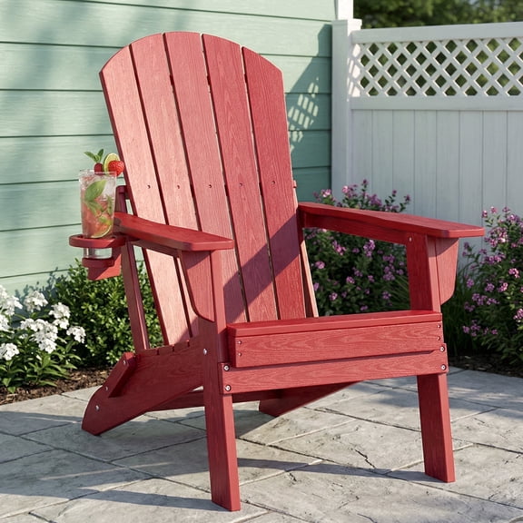 Cobiod Folding Adirondack Chair with Cup Holder, HDPE All-Weather Outdoor Patio Chair, Ergonomic Wood Grain Design for Backyard, Red
