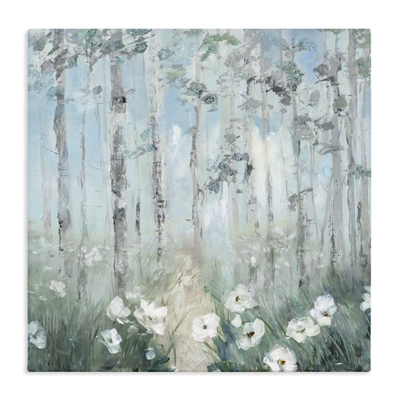 Stupell Industries Contemporary White Flowers Blooming Forest Birch Trees Scenery Canvas Art, 17 x 17, by Sally Swatland