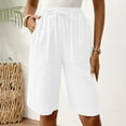thumbnail image 3 of Sakmal Bermuda Shorts Women Home White Cotton Linen Solid 9 Inch Inseam Mid Rise Shorts with Pockets, 3 of 9