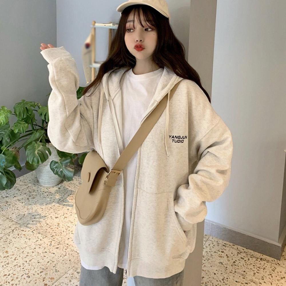 Korean Women College Casual Loose Hooded Sweatshirt Jacket Short Coat Outwear 