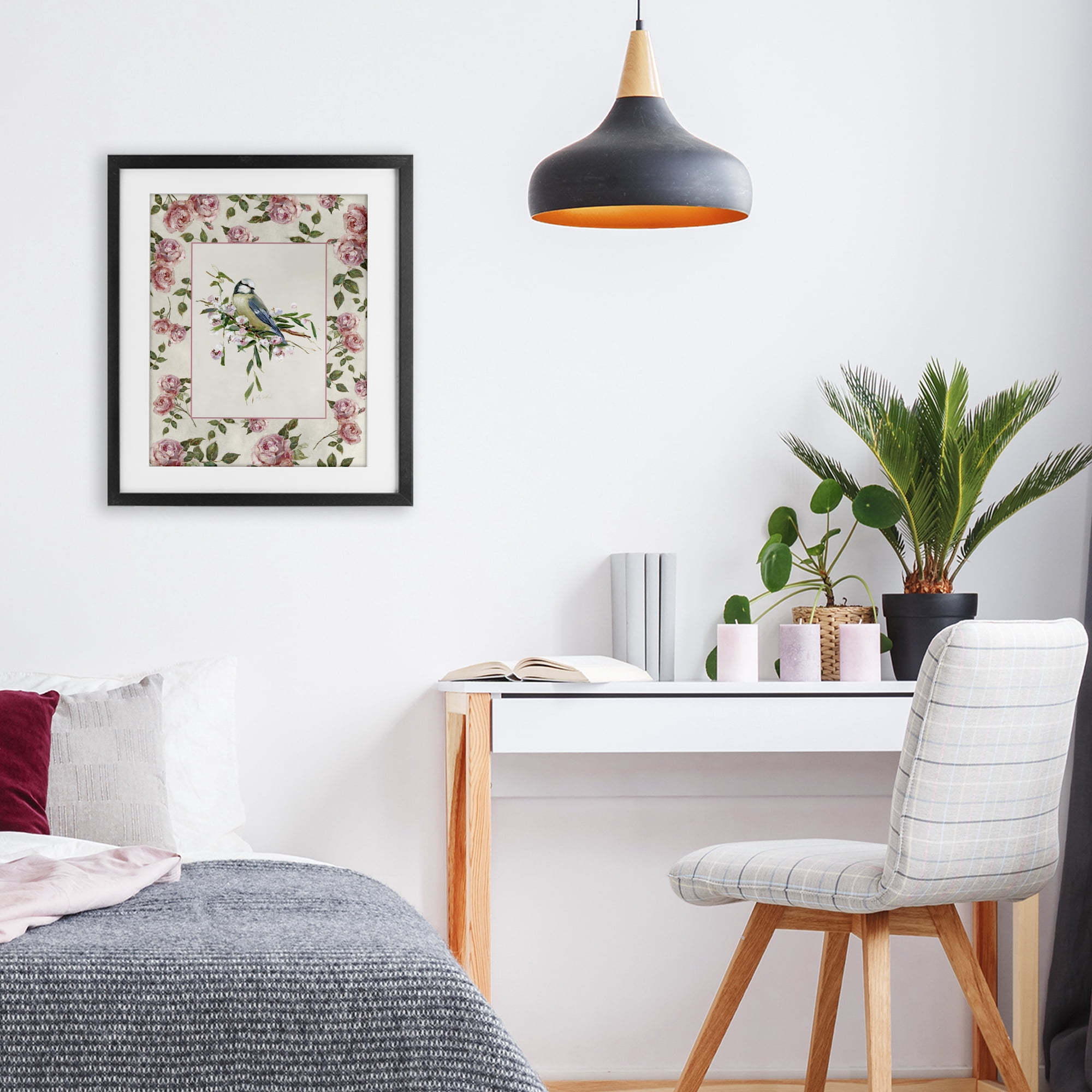Stupell Industries Dainty Roses & Perched Bird Black Framed Print Under Glass, design by Sally Swatland