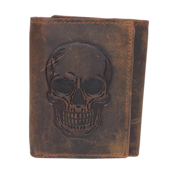 MARSHAL Mens Genuine Leather Skull Wallet Trifold RFID Blocking Biker Wallet with ID Window & Snap Closure Brown No Chain