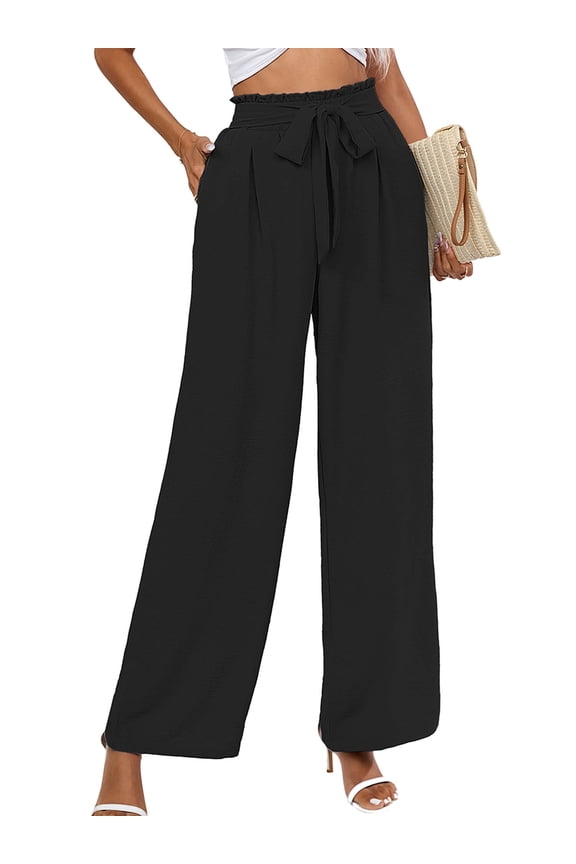 Women's Wide Leg Pants with Pockets Lightweight High Waisted Adjustable Tie Knot Loose Trousers Flowy Summer Beach Lounge Pants, US Size Large in Black