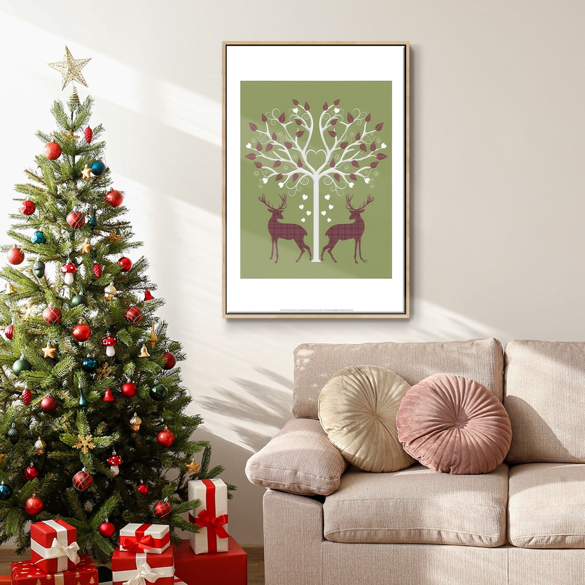 Christmas Des - Deer and Heart Tree, Pink On Green - Framed Gallery Wrapped Holiday Canvas - 27 x 41 - Natural Wood Frame