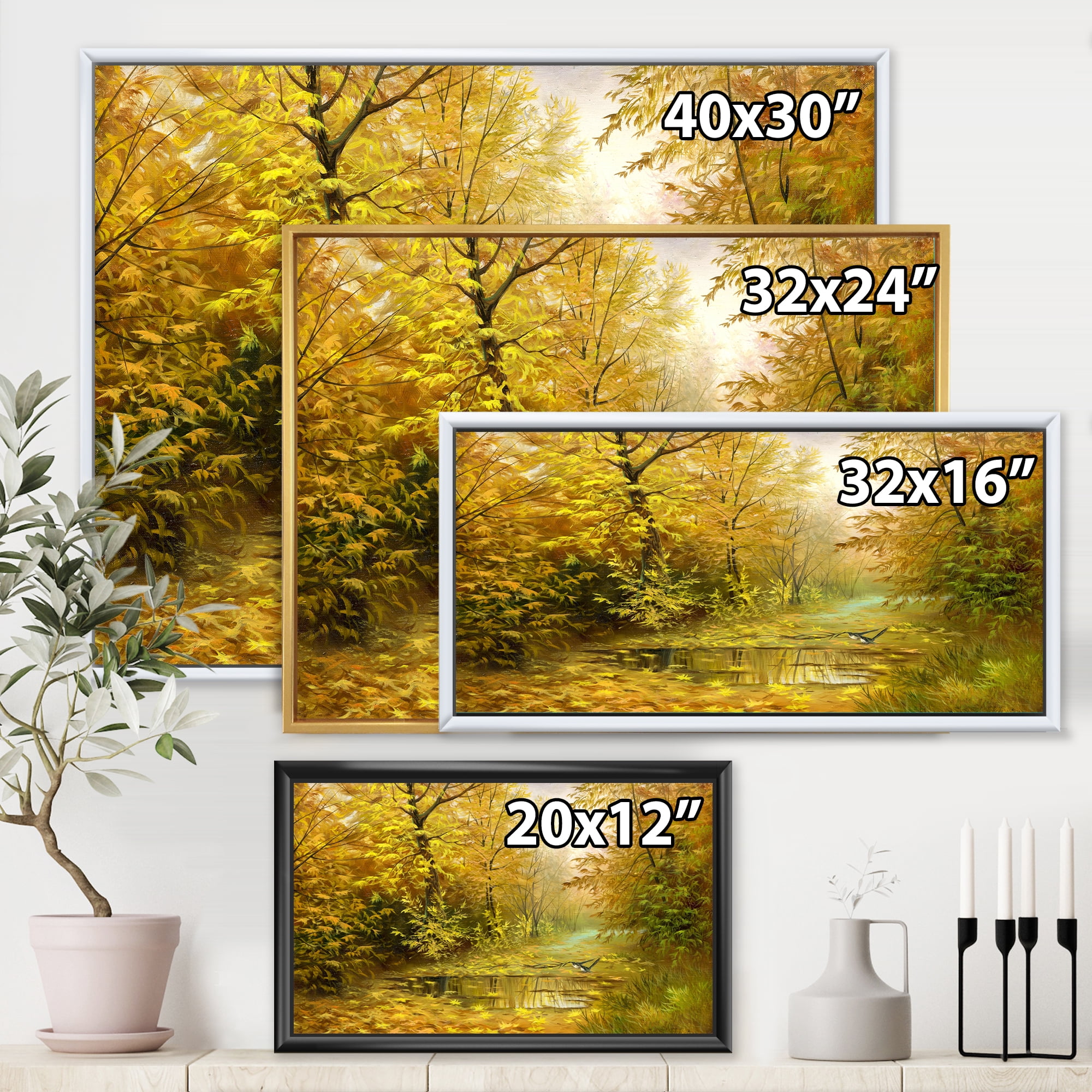 Designart 'Rain Water On Road In Yellow Woodlands' Country Framed Canvas Wall Art Print