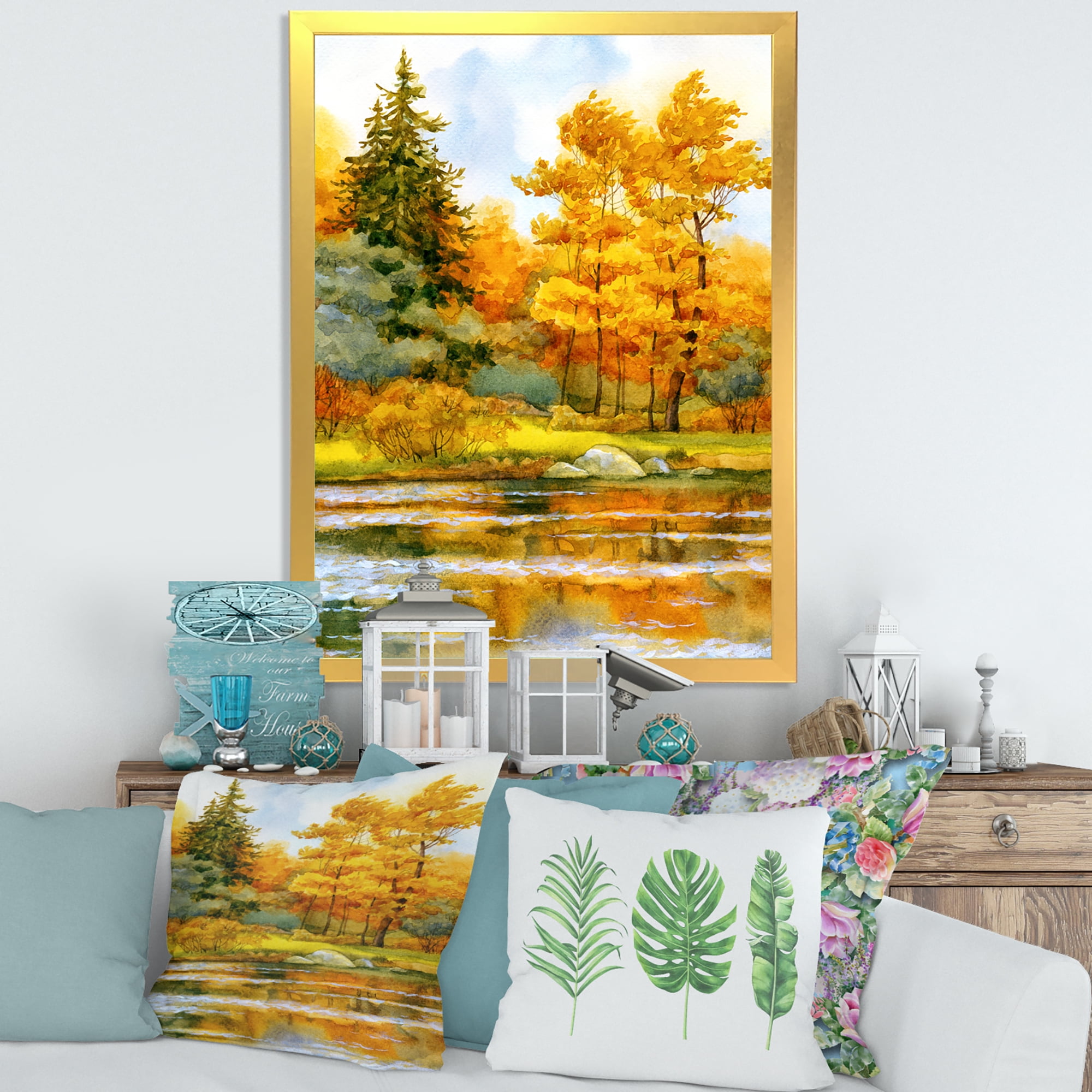 Designart 'Autumn Forest By The Lake Side II' Lake House Framed Art Print