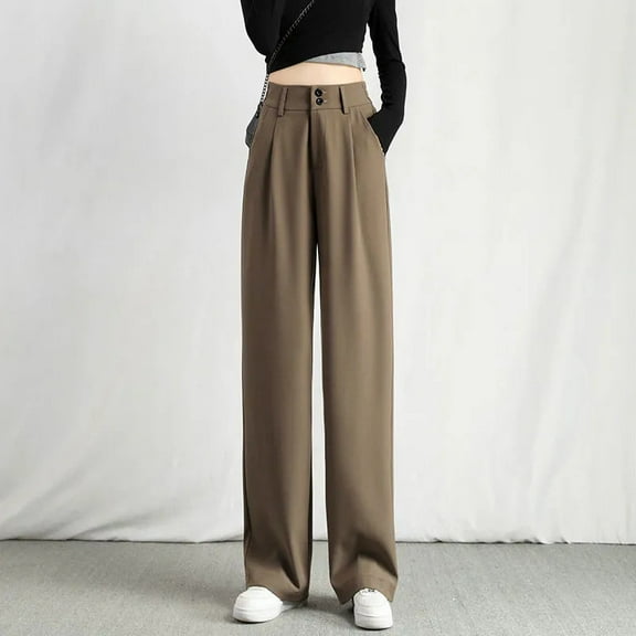 Idoravan Women's Fashion Casual Full-Length Loose Pants Solid High Waist Trousers Long Straight Wide Leg Pants