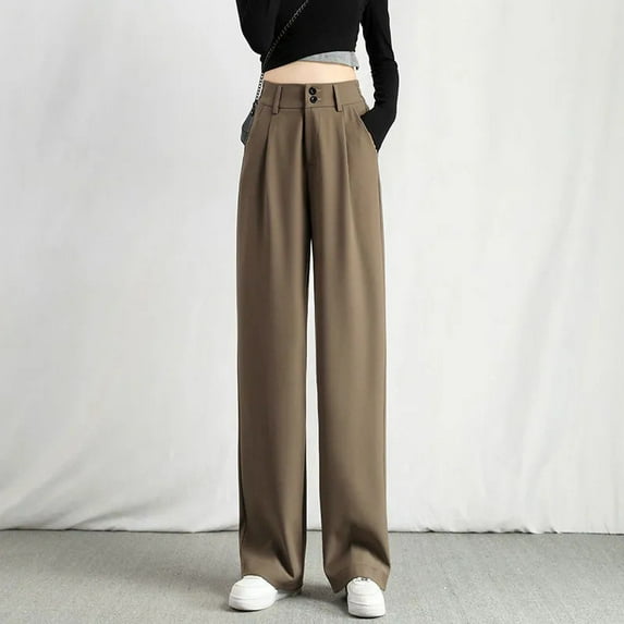 Idoravan Women's Fashion Casual Full-Length Loose Pants Solid High Waist Trousers Long Straight Wide Leg Pants