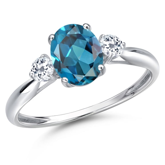 Gem Stone King 10K White Gold London Blue Topaz and White Topaz 3-Stone Ring for Women | 1.78 Cttw | Oval 8X6MM | Gemstone November Birthstone | Size 9