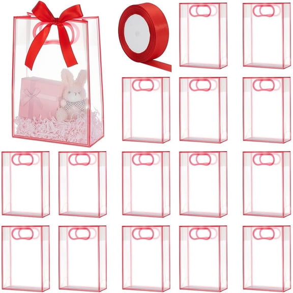 15Pcs Clear Gift Bags with Handles Party Favor Bags Reusable Plastic Gifts Bag Deep Pink Border Gift Bag with 1 Roll Ribbon Pink