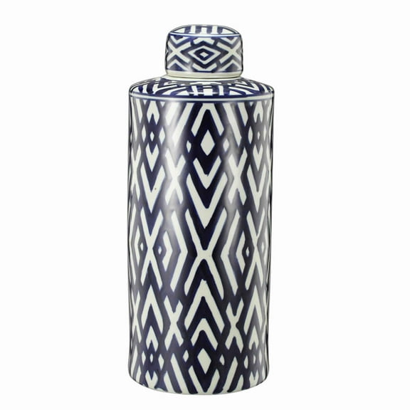 Tall Decorative Vase with Lid - Ceramic Vase for Flowers, Blue White Abstract Pattern Home Accent 18"