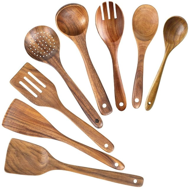 Cucharas de madera para cocinar, juego de utensilios de cocina antiadherentes, juego de cucharas de madera para cocinar, utensilios de madera de teca natural antirayaduras, paquete de 8