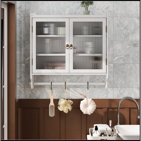 24.8"Glass Door Vintage Double Door Wall Cabinet with Three Tiers of Storage with Towel Rack, for Bathroom, Kitchen,Dining Room, White Washed