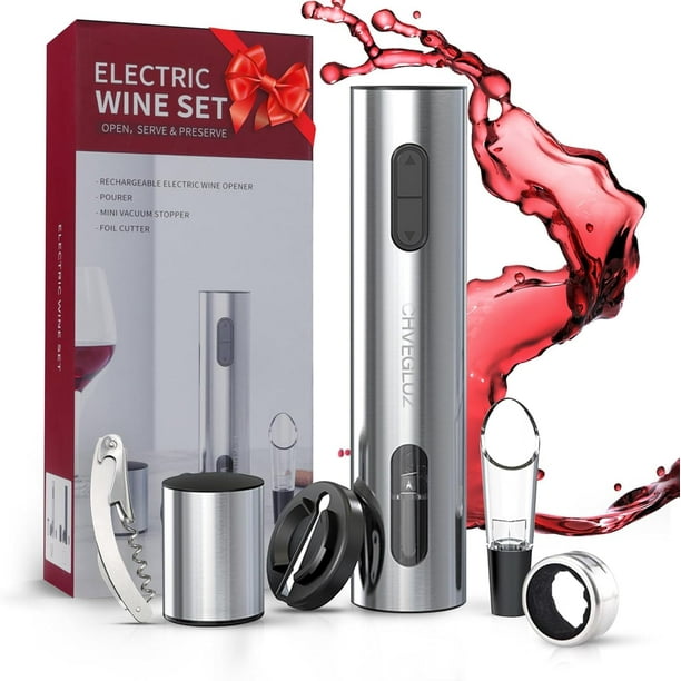 CHVEGLUZ Sacacorchos Electrico, 6 en 1 Automático Destapa Corchos Vino, Juego de Saca Corchos para Vino con Recargable para Regalo, Citas, Fiesta y Amante del Vino