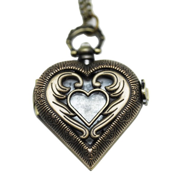 Brass Angel Wing Enveloped Heart Pocket Watch Necklace