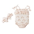 thumbnail image 1 of Xingqing Baby Girls Lace-Up Suspender Bodysuits Sweet Pattern Printing Ruffles Jumpsuits and Headband Set, 1 of 6