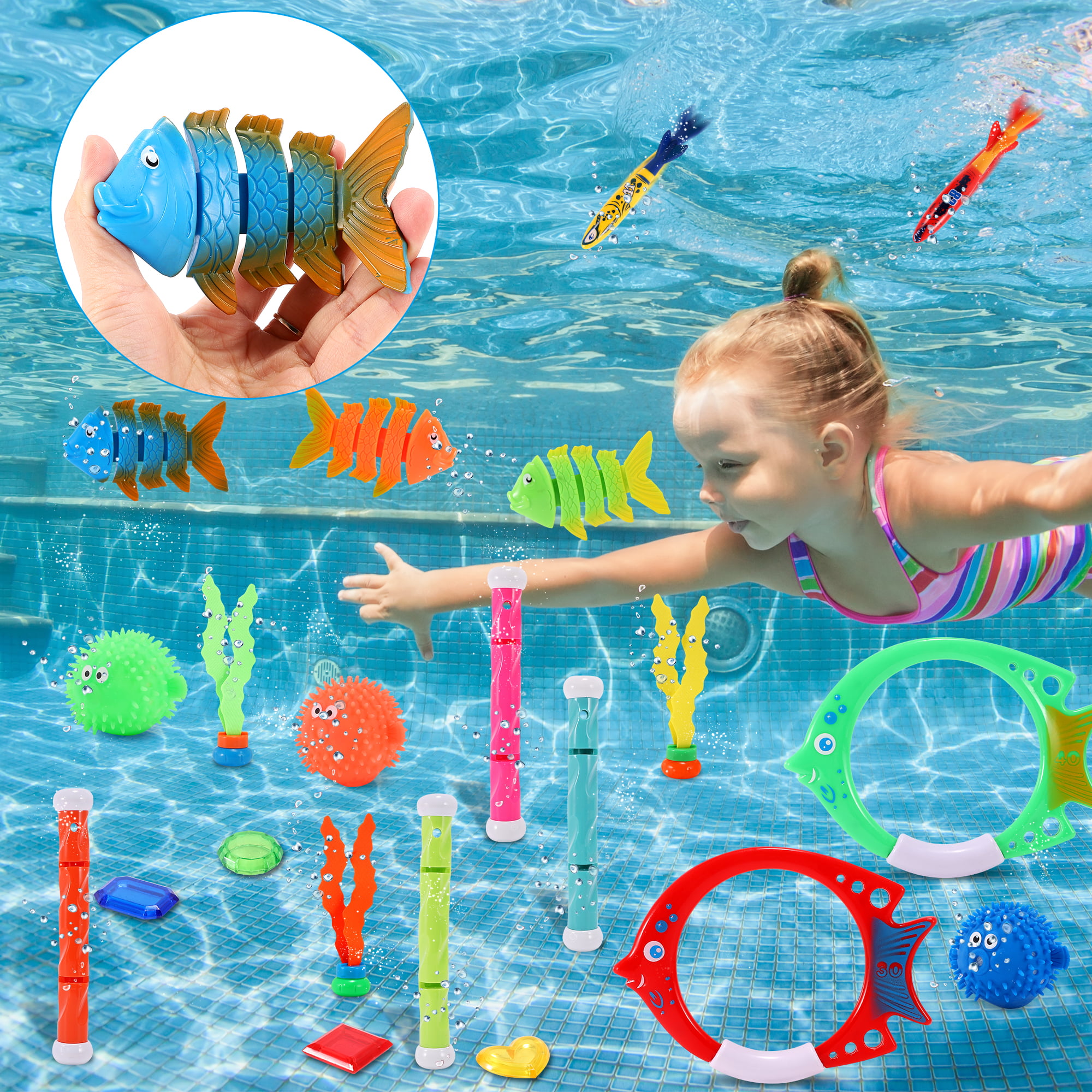 Swimming Pool Toys Underwater for Kids 3 Diving Rings 4 Diving Sticks 4 Torpedo Pool Toys 3 Sea Grass 3 Diving Fishes 3 Globefish and 6 gems Storage Bag Included FiGoal 26 PCs Diving Toy Set 