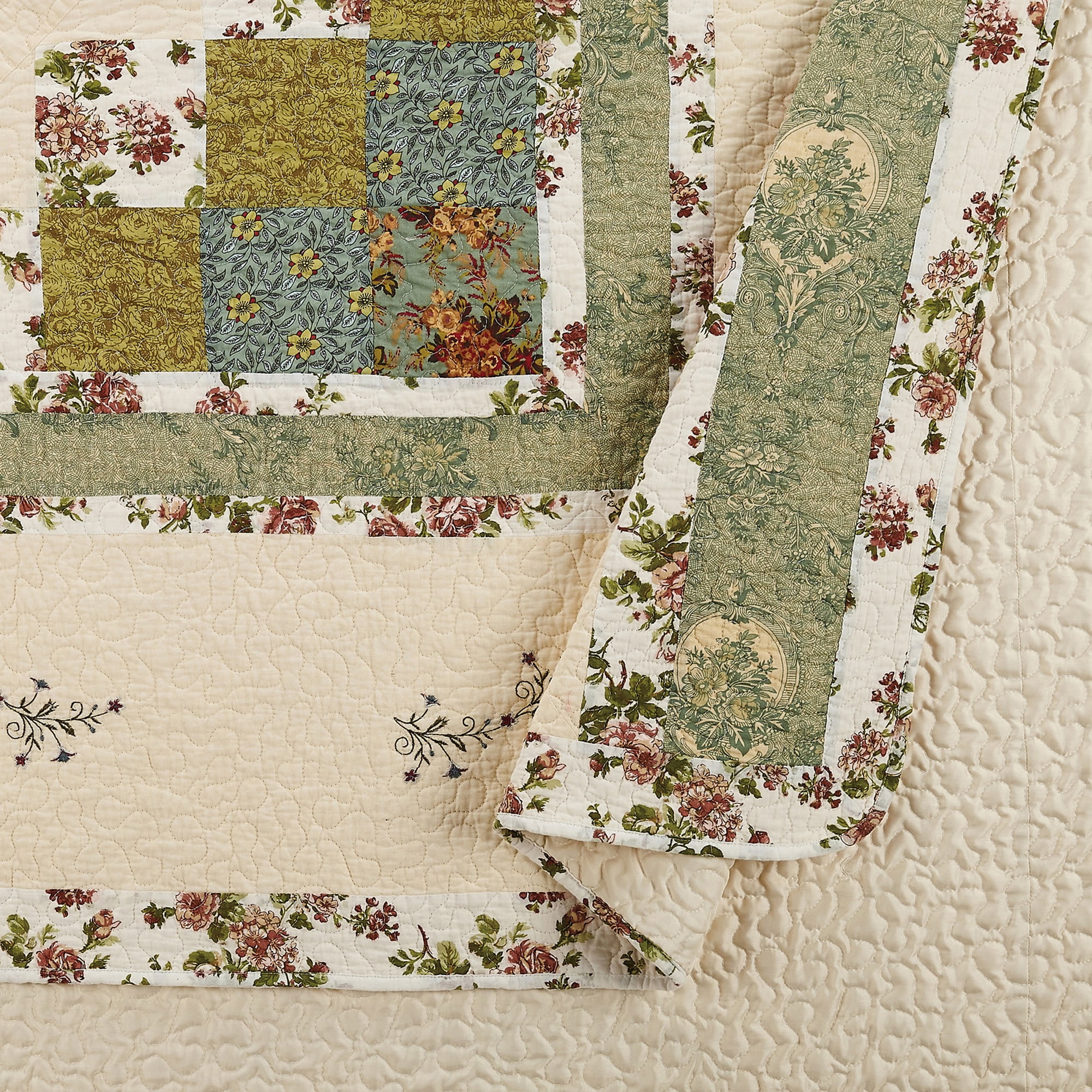 Modern Heirloom Olivia Green Floral Embroidered Single Pillow Sham, Standard
