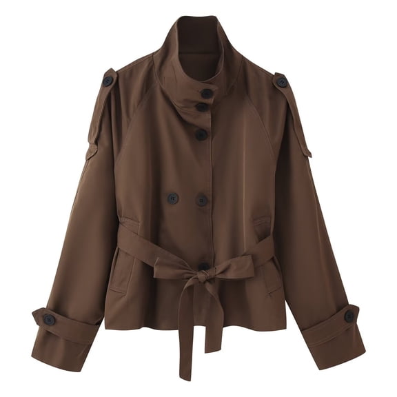 Women's Solid Color Turtleneck Double-breasted Long-sleeved Belted Short Trench Coat Coffee L