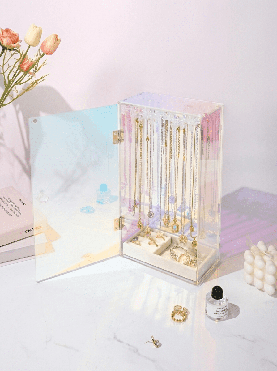 Cirhy Iridescent Acrylic Necklace Holder with Velvet Tray, 24 Rotatable Hooks Jewelry Organizer Box, Dustproof Rainbow Necklace Storage for Necklaces, Earrings, Rings, Bracelets
