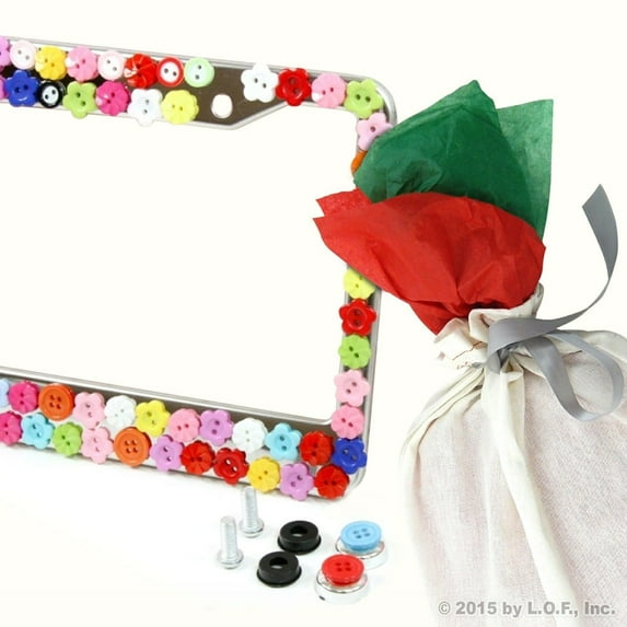 Red Hound Auto Flower Buttons Colorful License Plate Frame w Gift Bag & 2 Caps Flowers Car Auto