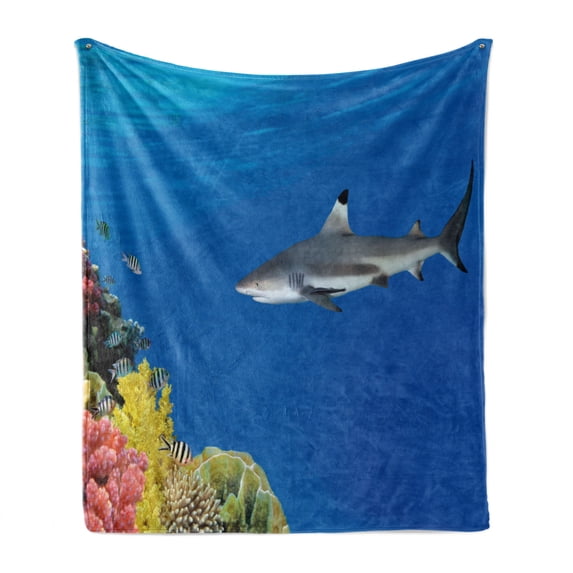 Shark Soft Flannel Fleece Blanket, Tropical Underwater World with Fishes Swimming and Coral Reef Serene Wildlife Picture, Cozy Plush for Indoor and Outdoor Use, 50" x 70", Multicolor, by Ambesonne