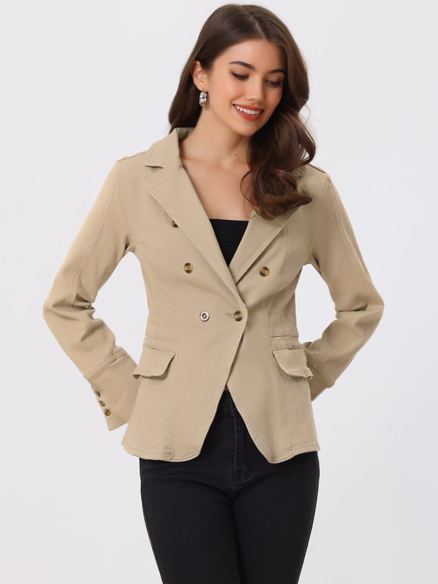 DARING DIVA Women's Lapel Jeans Blazer Denim Jacket W Pockets S Khaki