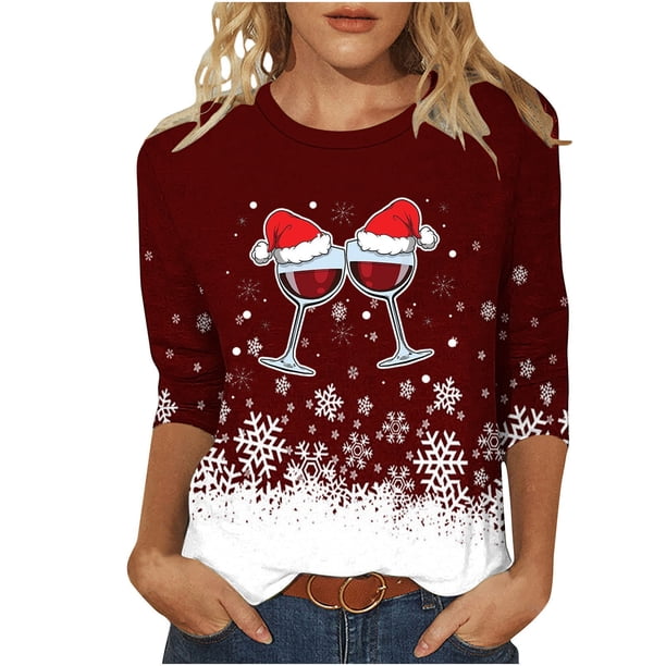 Camisetas de Navidad para Mujeres, 3/4 Manga Cuello Redondo Blusa con Estampado de Vacaciones, Top de Moda Casual