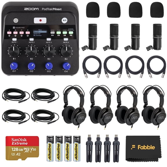 Zoom PodTrak P4next Portable Multitrack Podcast Recorder Bundle with Microphones, Headphones, Windscreens, Desktop Mic Stand, 128  GB microSDXC Memory Card , 4 AA Batteries & Charger