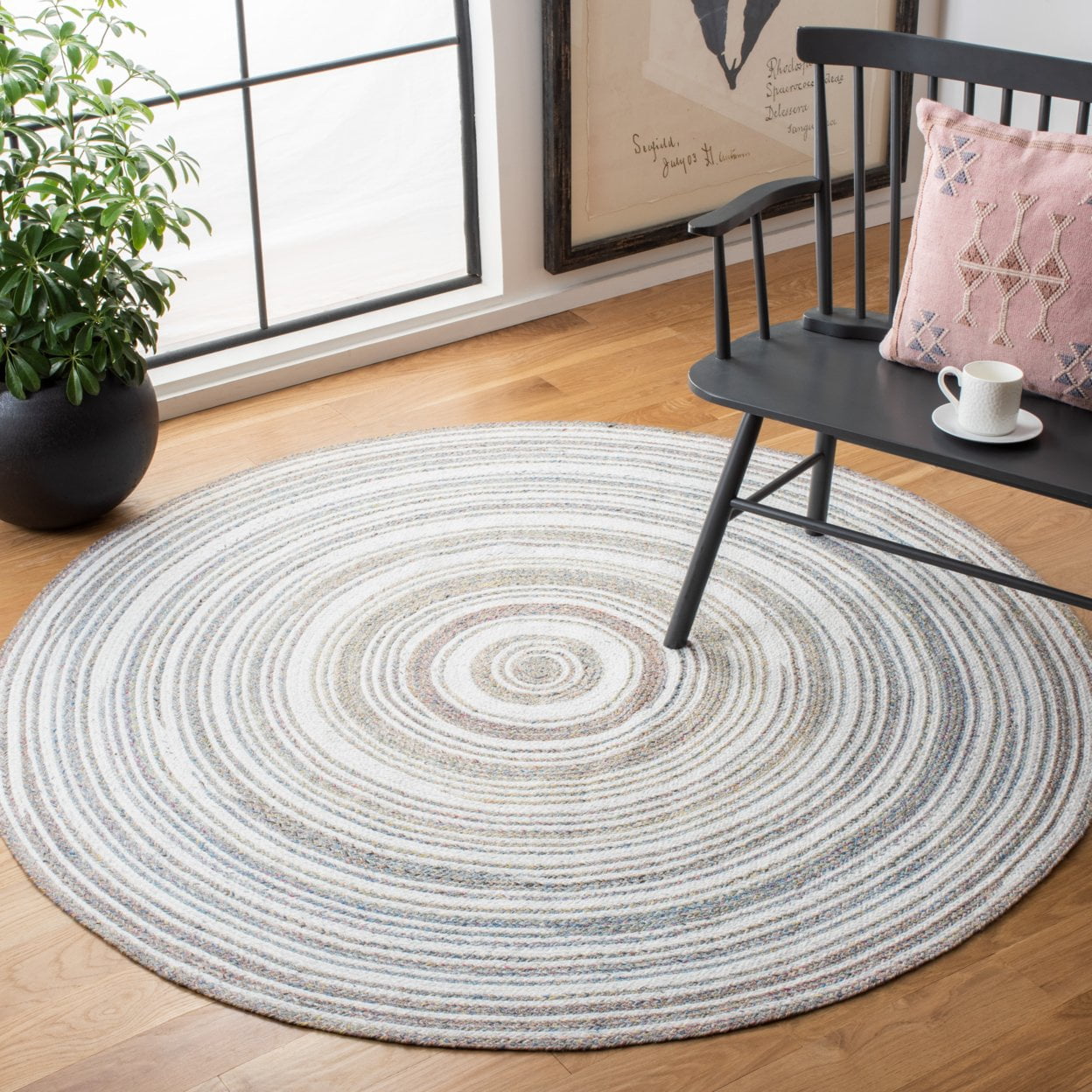 SAFAVIEH Cape Cod Linda Abstract Dots Polyester Area Rug, Ivory/Pink, 7' x 7' Round